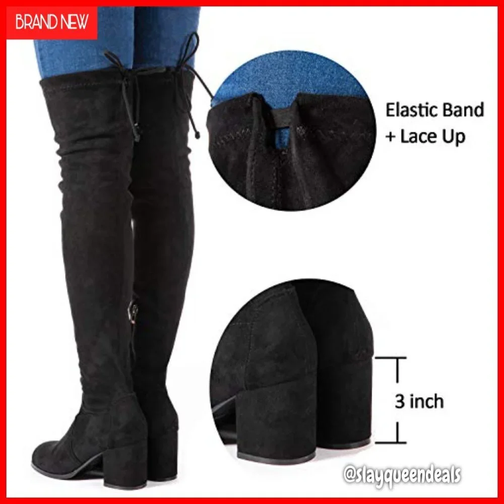 Women's Over the Knee Boots Block Heel Lace Up Faux Suede Winter